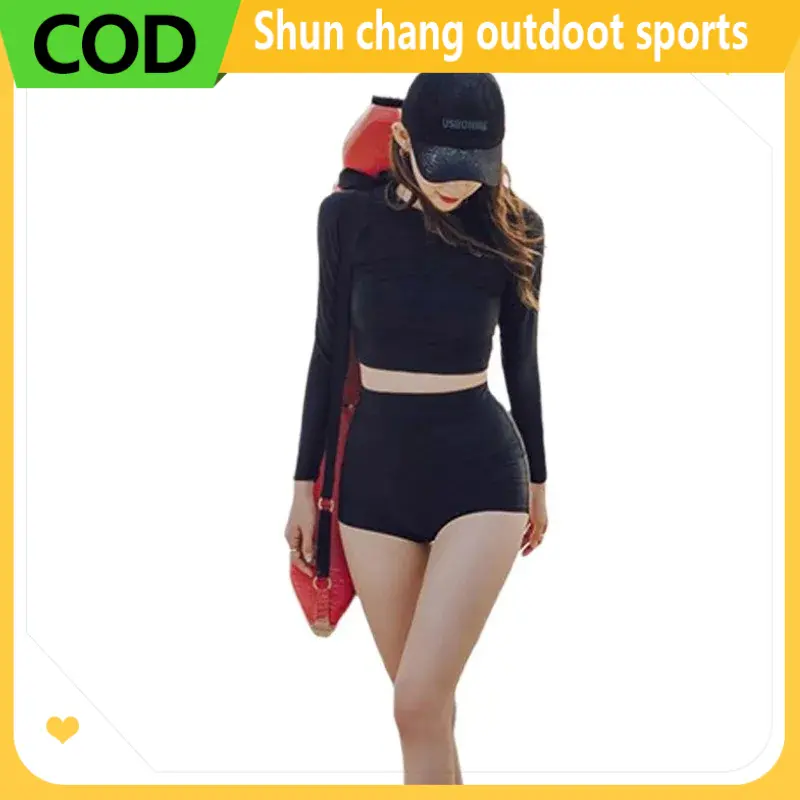 Black long sleeve split swimsuit high elastic anti-exposure boxer briefs surf suit two-piece women's swimsuit