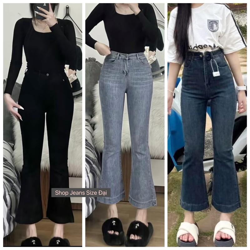 (Size 60kg-96kg) Quần Jeans Nữ Ống Loe 9 Tấc Dành Cho Nấm Lùn BigSize, Cạp Cao, Co Giãn Tốt, Lai Gấp, Women Nữ Ong Voi Pants