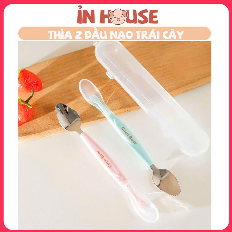 Thìa muỗng 2 đầu silicon và inox 304 Coco Bear nạo nhỏ hoa quả có hộp đựng cho bé ăn dặm có hộp đựng