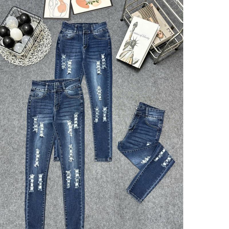QUẦN JEAN NỮ HUỲNH NGA STORE DÀI ÔM RÁCH MÀU XANH XUẤT KHẨU MỚI