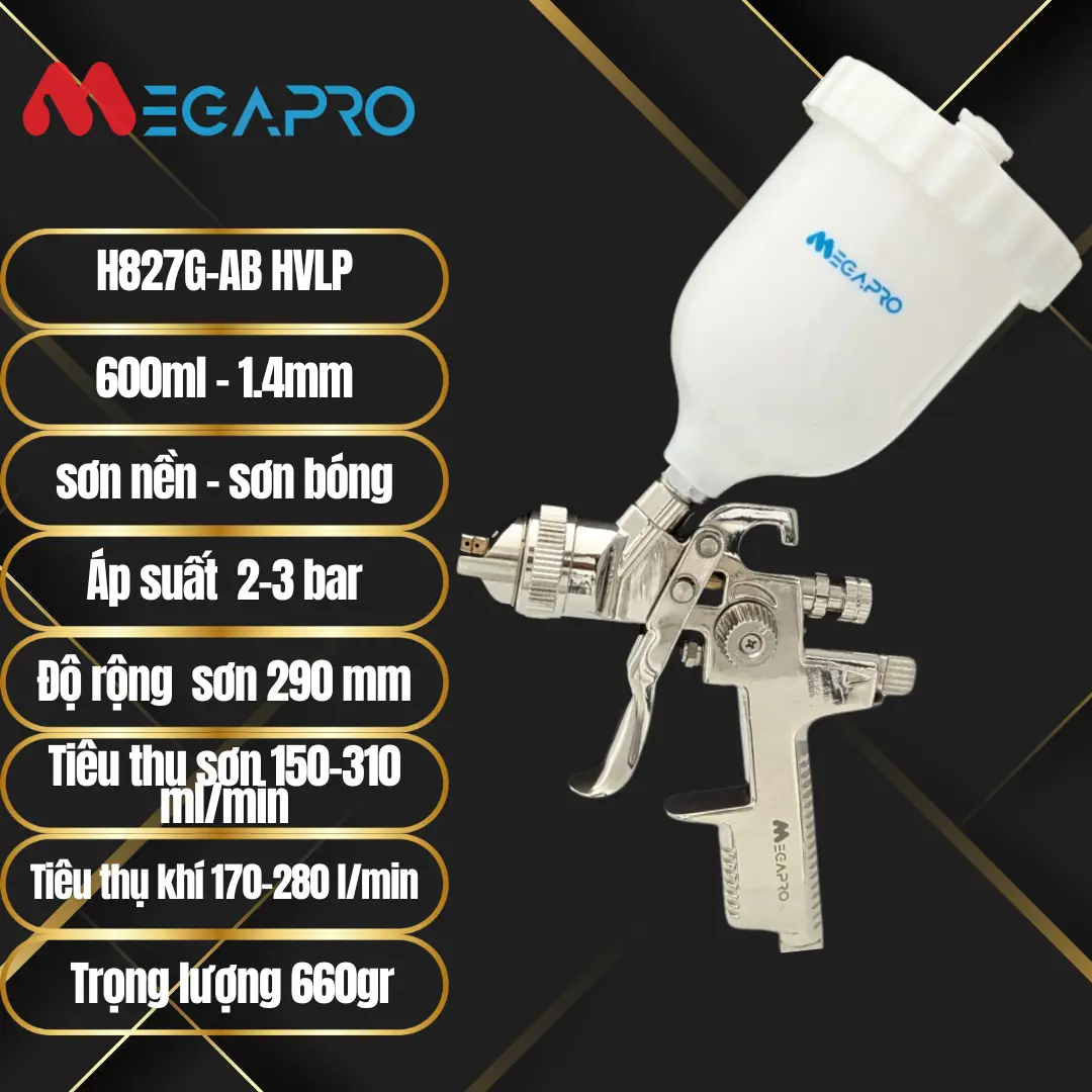 Béc phun sơn MEGAPRO Model H827G-AB chuyên dùng phun phủ bóng, phủ màu, sơn lốc xe máy