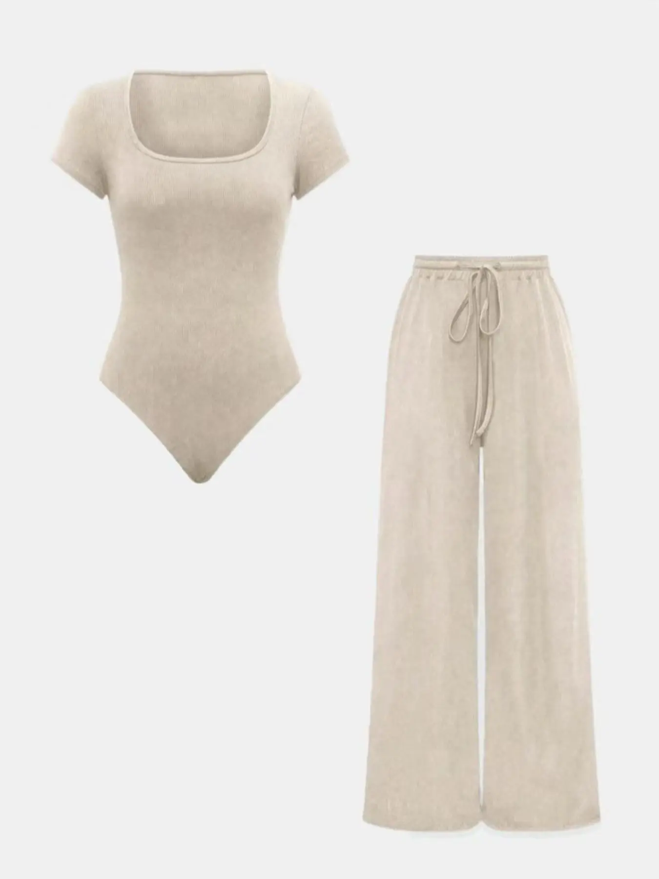 Women's Solid Ribbed Square Neck Bodysuit & Drawstring Waist Wide Leg Pants Two-piece Set, Casual Fashion Cozy Two Piece Outfits for Daily Outdoor Wear, Women Clothing for Fall & Winter, Tall Trousers Set