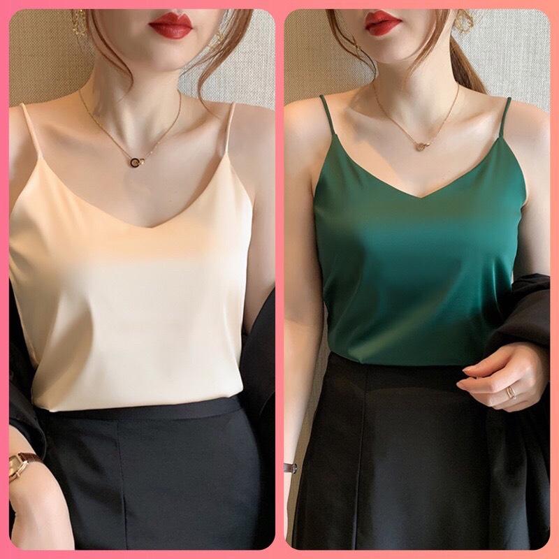 ÁO HAI DÂY LỤA CỔ TIM THIẾT KẾ, ÁO NỮ LỤA SATIN CAO CẤP MẶC TRONG VEST BLAZER