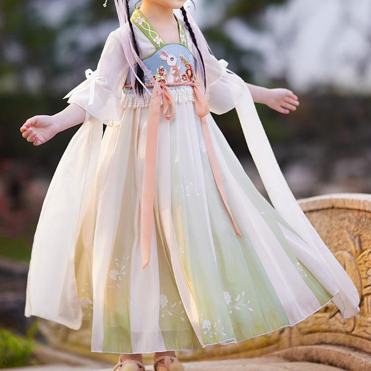 VCT1 Váy , đầm cổ trang hán phục Trung Hoa thỏ xanh xinh xắn chất liệu voan cho bé yêu mùa hè mát mẻ