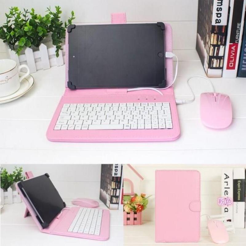 Combo bao da bàn phím kèm chuột + lót chuột cho điện thoại, máy tính bảng từ 4.5-8 inch (hồng)