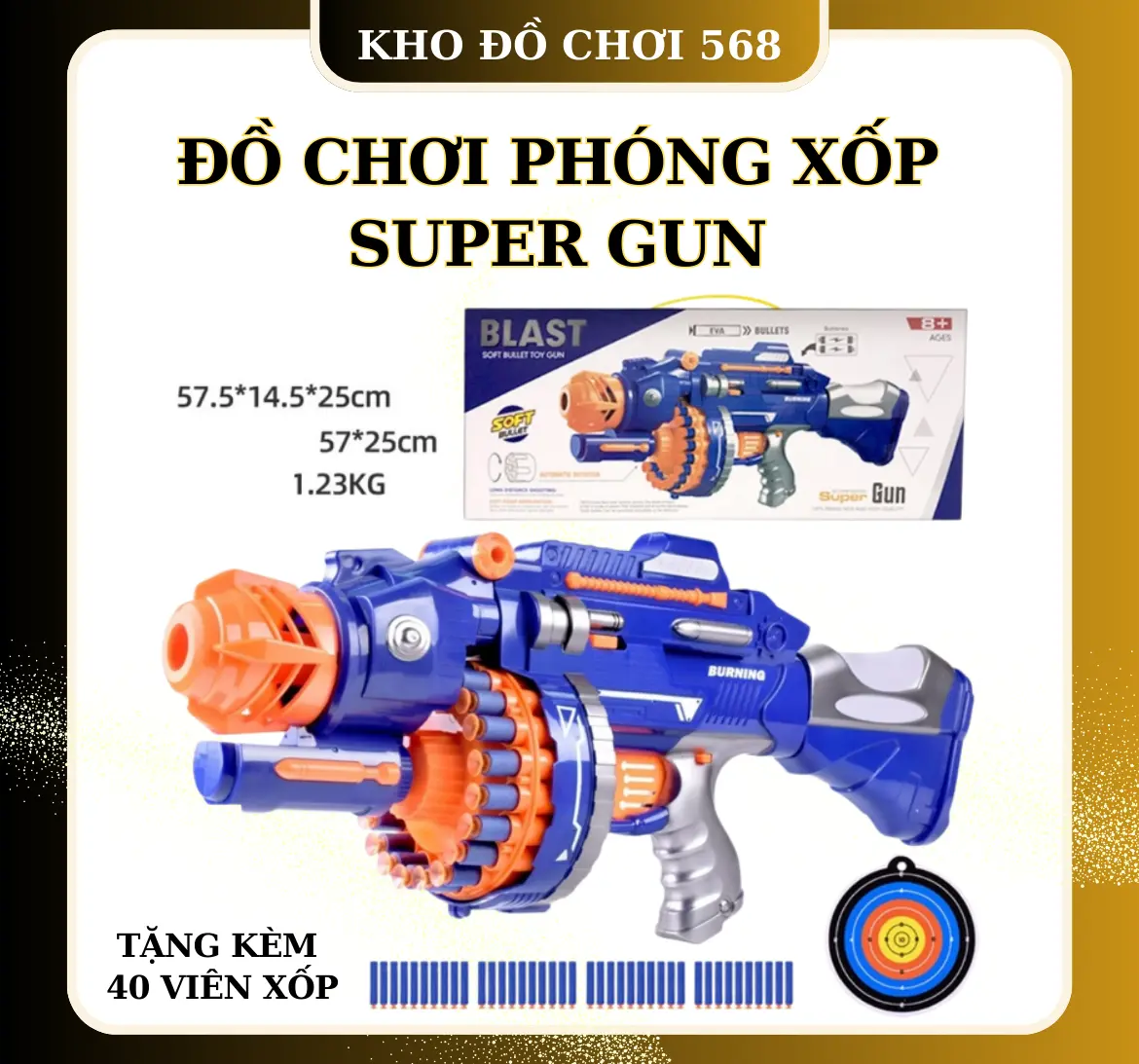 ĐỒ CHƠI PHÓNG XỐP SUPERGUN cỡ lớn - Sử dụng pin AA - Tặng kèm 40 viên xốp mềm + Bia_ngắm