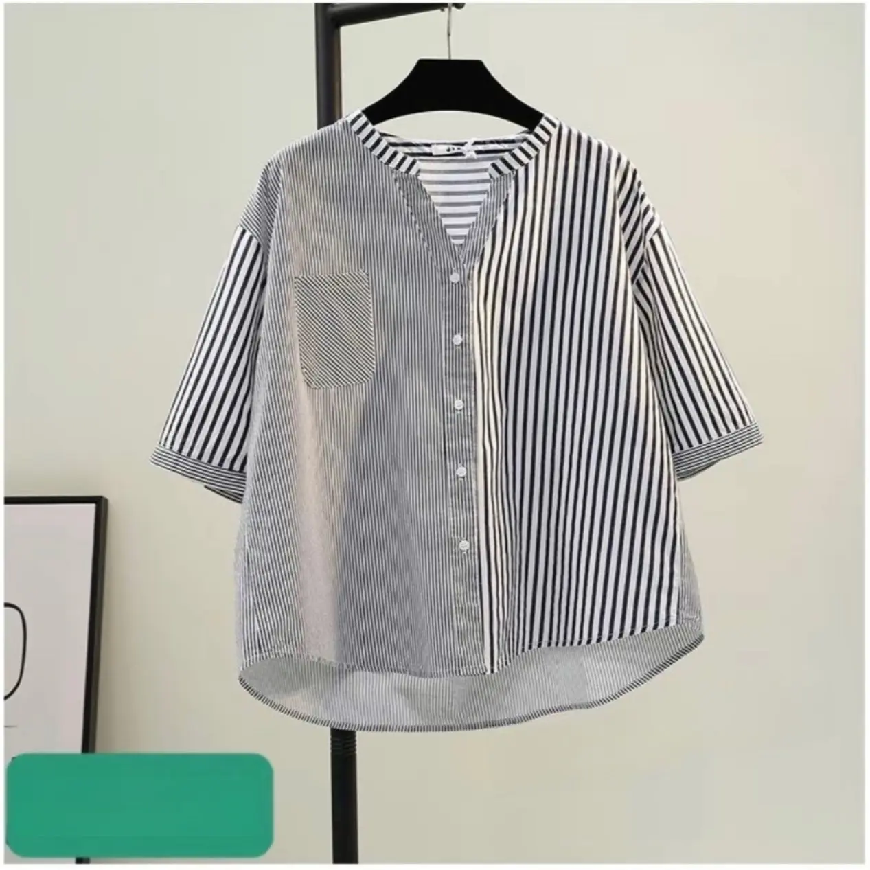 A001( ẢNH THẬT SHOP CHỤP) Áo Sơ Mi Nữ Cổ Tàu Ngắn Tay Kẻ Sọc