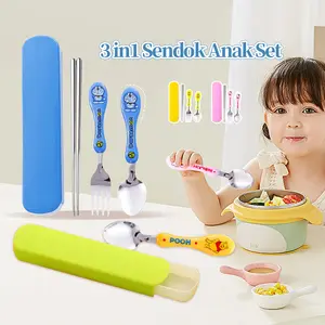 Bevavar Alat Makan Sendok Garpu Sumpit Anti Karat / Sendok Makan Anak Set Lucu Kartun / Alat Makan Sendok Garpu Sumpit Anti Karat Kotak Merah