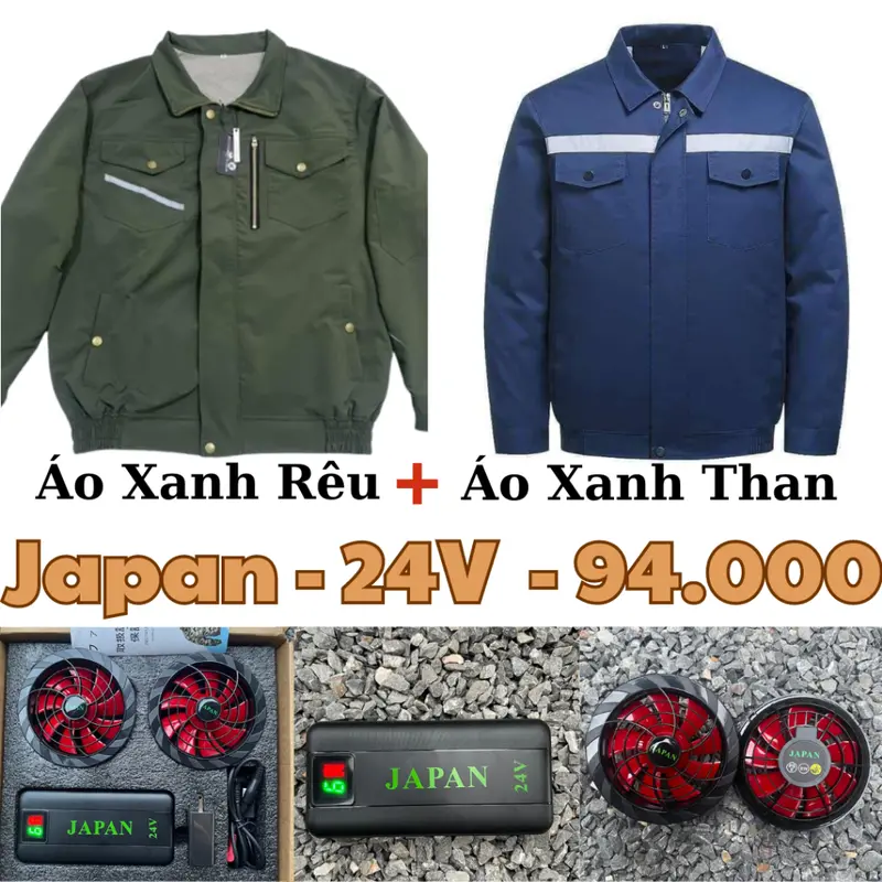 Bộ 2 Áo + 1 Phụ Kiện Điều Hòa JAPAN 24V 6 cấp gió - Pin khủng 94000mah 24V + sạc + quạt 9 cánh️ 24V (12-16 tiếng) .Tặng kèm đá khô 0
