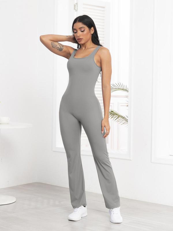 Women's Summer Plain Ruched Cut Out Sports Flare Leg Jumpsuit, Solid Scoop Neck Backless Sleeveless Bodycon Bell Bottom Jumpsuit for Yoga Gym Workout, Ladies Sportswear for All Seasons, Womenswear 2