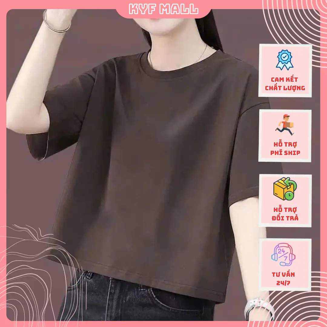 Áo thun cotton nữ ngắn tay mát mẻ thời trang - Form rộng - Cổ tròn, Che bụng mỡ Top Women áo  nâu
