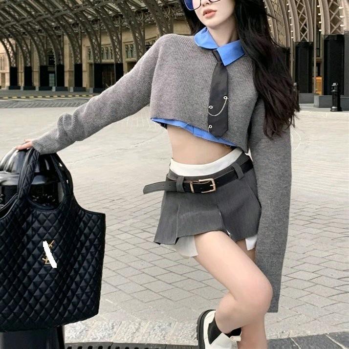Chân váy ngắn xẻ trước phối trắng k kèm thắt lưng 6
