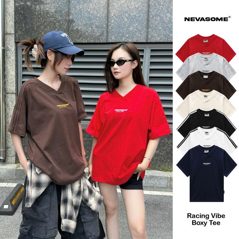 Áo Thun Boxy Raglan Local Brand NEVASOME Cổ V-Neck Sọc Tay Thể Thao Cotton 260 gsm Tay Lỡ Form Boxy Rộng Nam Nữ Menswear Womenswear Cổ V