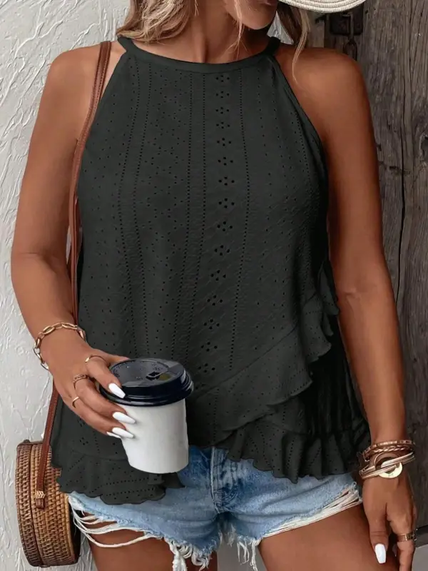 Plus Size Solid Eyelet Embroidery Lettuce Trim Ruffle Hem Halter Tank Top, Casual Sleeveless Top for Summer, Women's Plus Clothing for Daily Wear 0