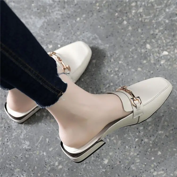 2024 Spring and Summer New Fashion All-Match Outer Wear Chunky Heel Loafers Soft Bottom Non-Slip Leather Surface Closed Toe Half Slippers Women's Shoes