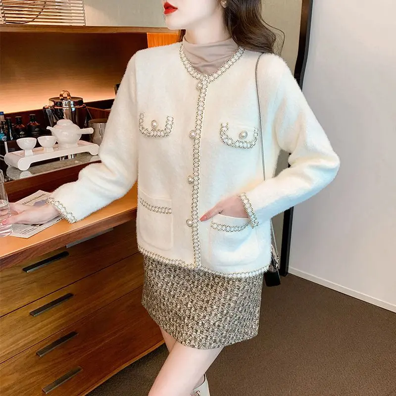 Áo Khoác Len Lông Chồn-Cashmere, Phong Cách Cổ Điển, Dành Cho Nữ, Áo Tiểu Thư Cao Cấp, Áo Cardigan Dễ Phối Đồ Dệt Kim Ngắn, Áo Mặc Bên Ngoài