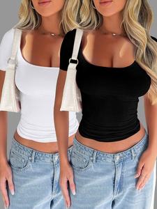 Camiseta corta de color sólido para mujer, camiseta de manga corta para verano, ropa de mujer para uso diario