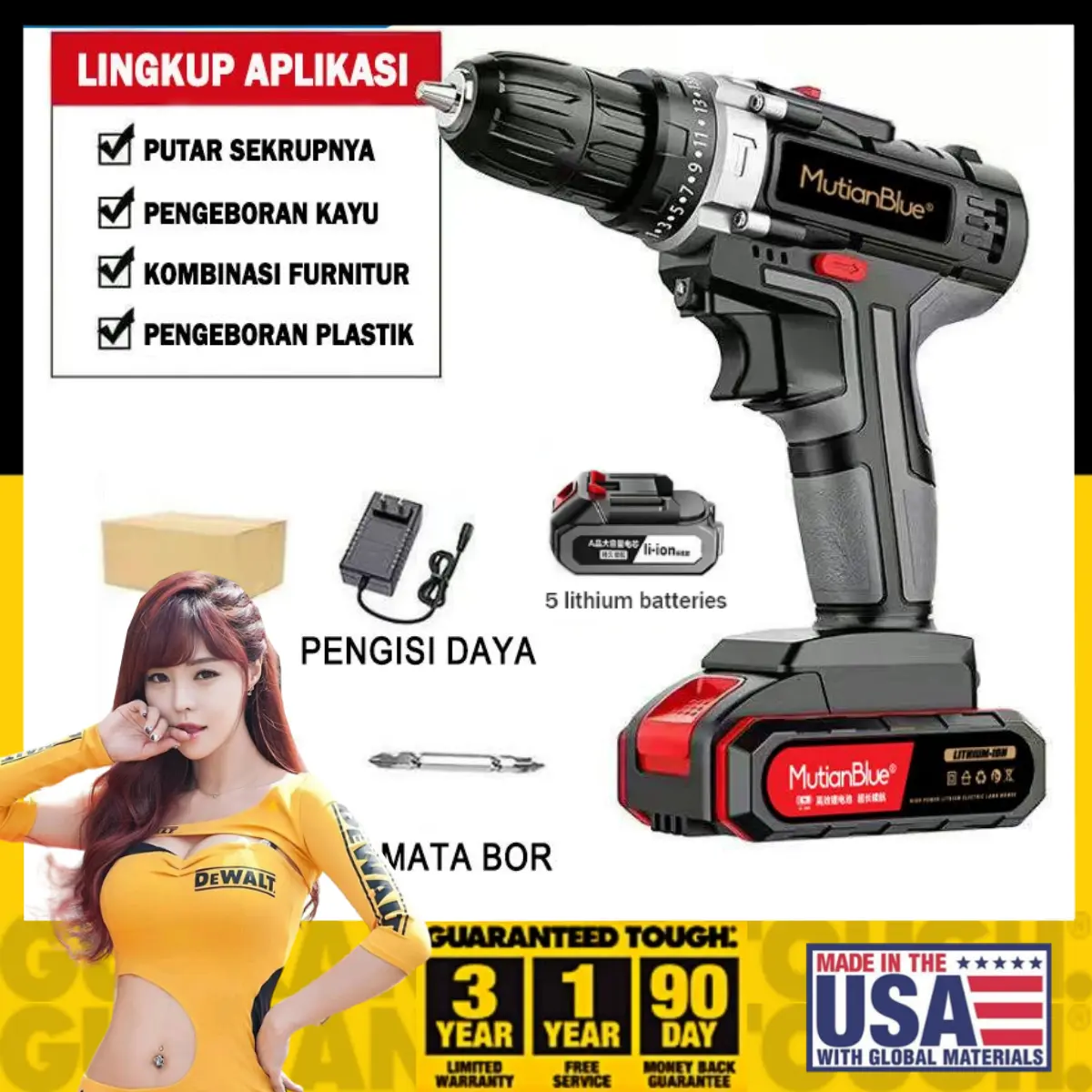 DNY Cordless Mesin bor baterai bor 36-2 bor Impact listrik bor cordless murah 10mm Bor cas/3Mode-bor Impact obeng/bor tembok besi kayu Bisa bolak-balik Cordless Impact Drill