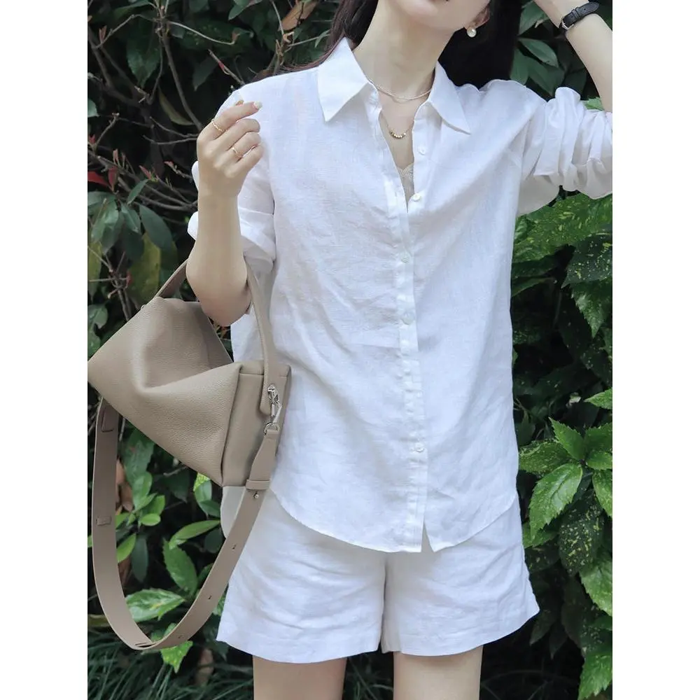 Bộ Đồ Vải Lanh Cotton Cao Cấp Áo Sơ Mi Trắng, Dành Cho Nữ, Bộ Hai Mảnh Áo Sơ Mi Chống Nắng Và Quần Đùi Thường Ngày Thanh Lịch Và Đơn Giản, Thích Hợp Cho Mùa Hè 2025, Bộ 4314 Yêu Thích