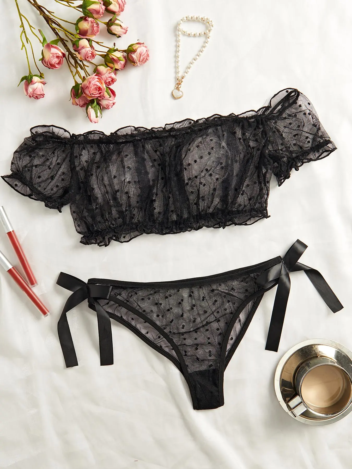 Women's Polka Dot Print Sheer Mesh Sexy Lingerie Set, Naughty Lingerie, Romantic Sexy Frill Trim Puff Sleeve Top & Panty for All Seasons, Women's Sexy Lingerie, Elegant Teddy Lingerie for Women