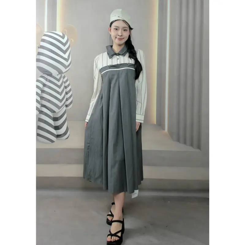 FADFAD - Gaun Wanita Lengan Panjang Gaya Korea - Kombinasi Motif Garis & Polos Elegan - Model Slim Fashionable - Cocok untuk Kantor, Hangout & Acara Formal 1