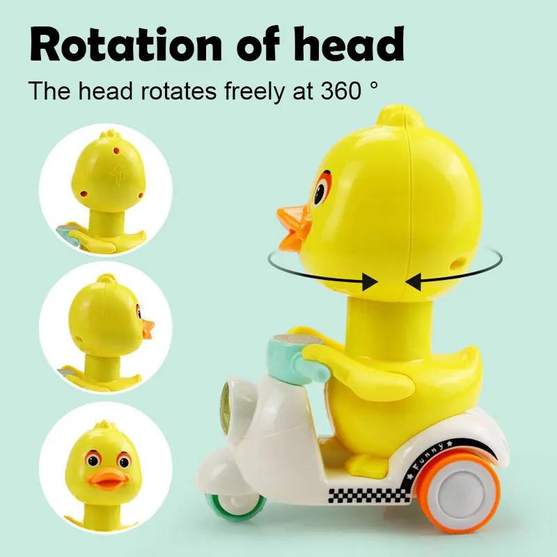 Product Introduction of Manual Pressing Head Free Rotation Cute Duck Press Car Motorcycle Anti-collision And Anti Drop Baby Toys Mini Car For Kids enabot  robot 4