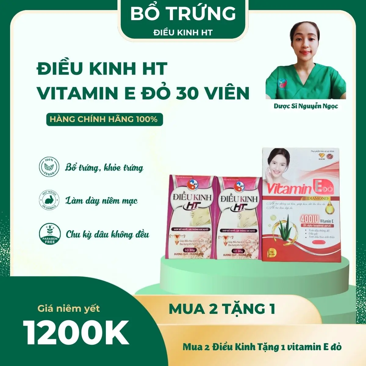 Combo 2 hộp Điều Kinh Bổ Trứng HT (T.ặng 1 vitamin E đỏ)