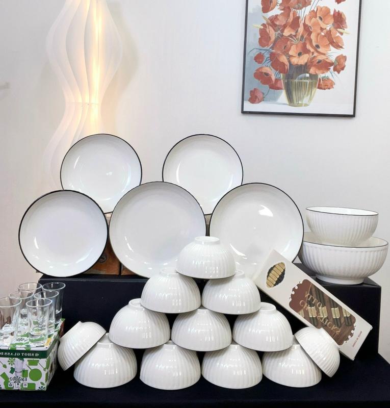 Bộ bát đĩa trắng sọc viền đen 21 chi tiết gốm sứ bát tràng