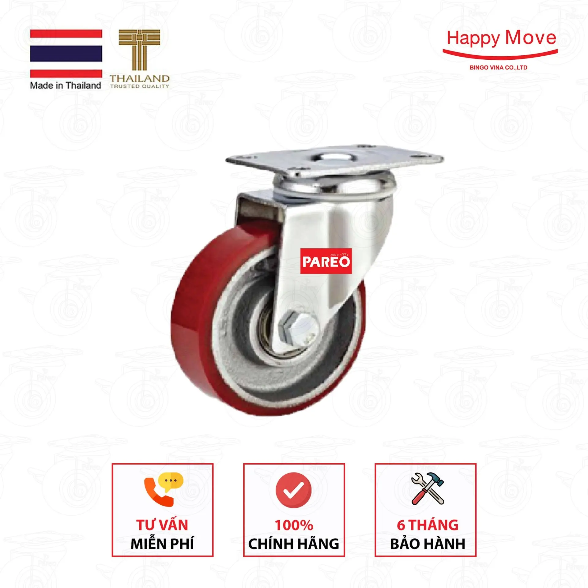 Bánh xe đẩy PU cốt gang càng xoay Happy Move Thái Lan 75-100-125mm