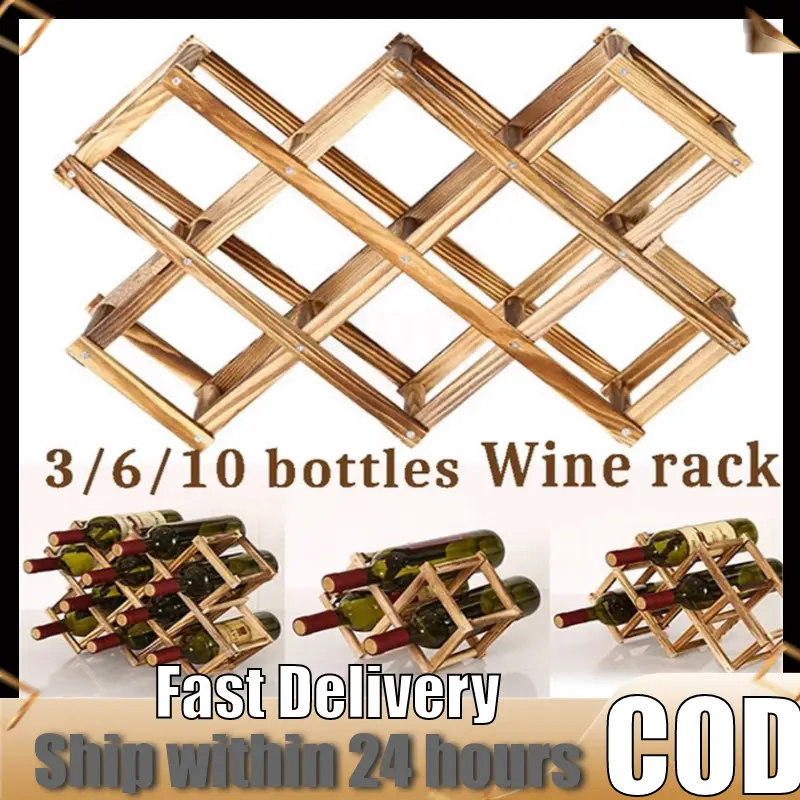 【COD】Wooden Wine Rack 3/6/10 Bottle Holder Folding Drink Bottle Bar Display Shelf Bottles Rack