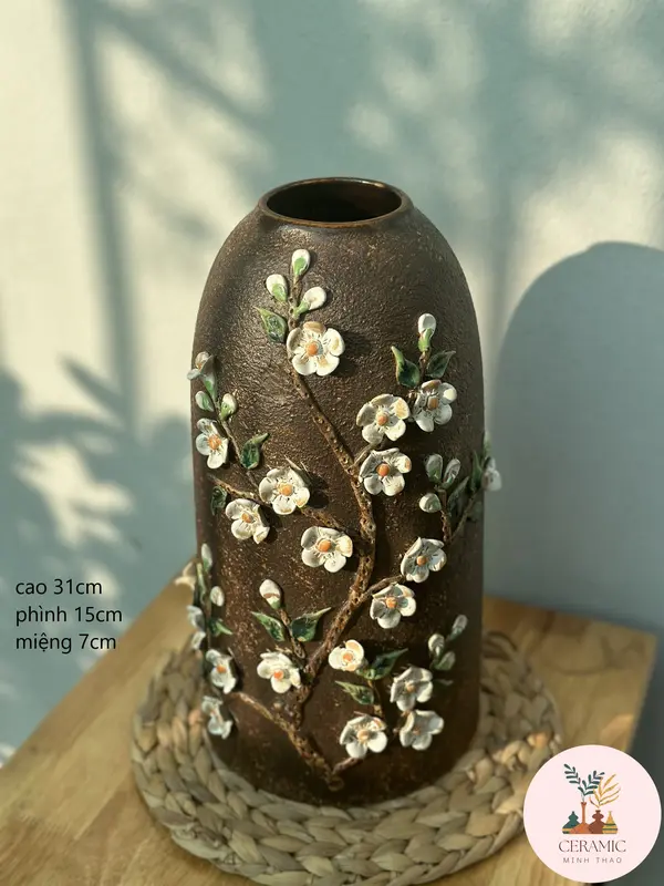 Bình đắp hoa nổi thủ công - gốm Bát Tràng Decor bình chuông  cắm hoa lọ hoa 1