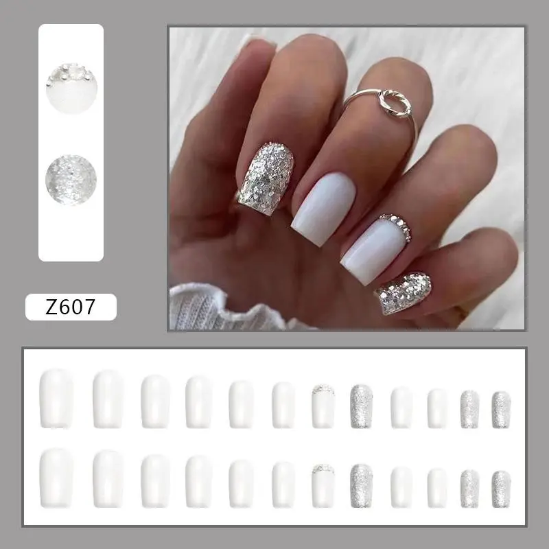 Glitter Press on Fake Nail for Women & Girls Nail Art, 24pcs/set Rhinestone Decor Fashion Press on Nails & 1 Sheet Tape & 1pc Nail File, Elegant Stick on Nails Kit for Women's Gift 2