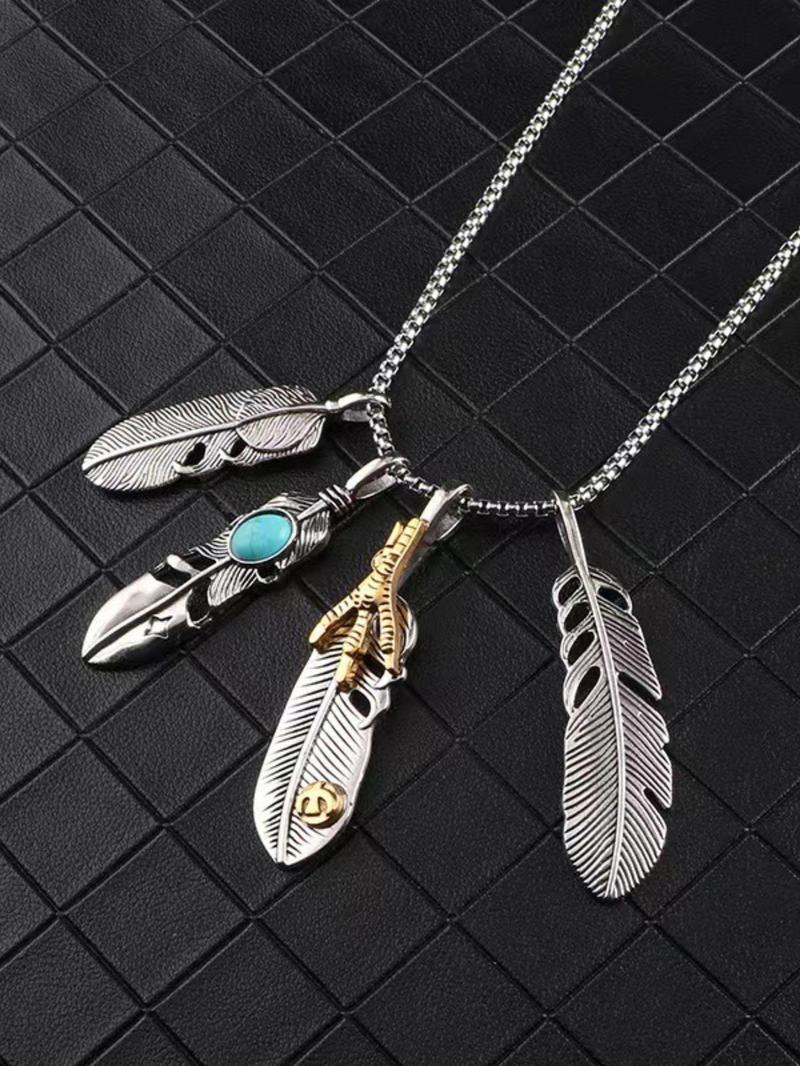 Product Introduction of Feather & Turquoise Texture Pendant Necklace for Men & Women, 2024 New Style Jewelry for Party, Daily Clothing Decor, Trendy Cool Female Accessories for Birthday Gift 3