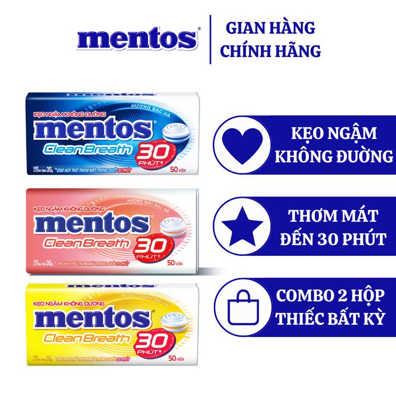 Combo 2 hộp thiếc kẹo Ngậm Không Đường Mentos Clean Breath (nhiều hương) cho hơi thở thơm mát trong suốt 30 phút