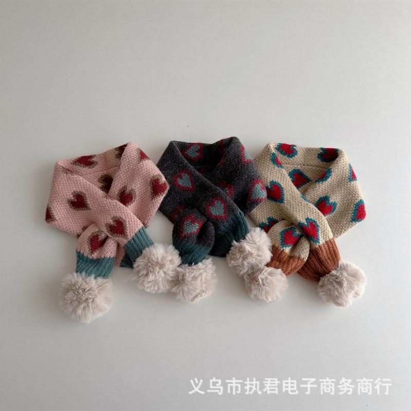 Product Introduction of Children's Scarf Cute Double Ball Love Pattern Knitted Cross Scarf Korean Style Baby Windproof Neck Protection Warm Neck Warmer 11