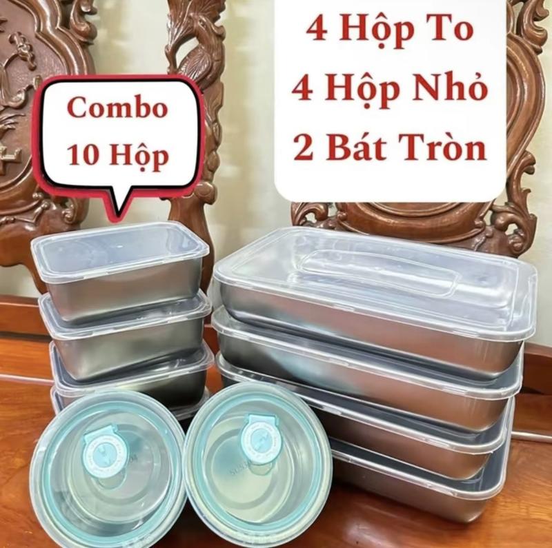 Combo 10 Hộp (4 Khay To + 4 Khay Nhỏ Đựng Thực Phẩm Có Nắp Đậy Inox 304 + 2 Bát Tròn Có Gioăng Silicon) Đựng Đồ Ăn Thực Phẩm Tiện Lợi, INOX An Toàn Vệ Sinh Thực Phẩm thố nhựa