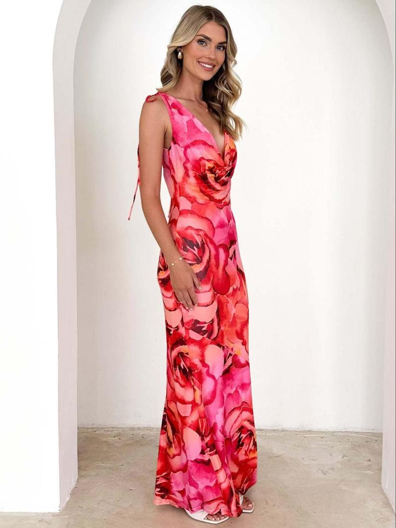 Product Introduction of Women's All Over Floral Print  Tank Dress, Elegant Sleeveless V Neck Maxi Dress for Party Holiday Wedding Guest, Ladies Clothes for Summer 3