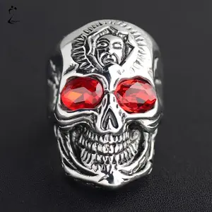 【Sktlz】2024 Trend Fashion Skull Shape Ring Vintage Rock Inlaid Ruby Men Ring