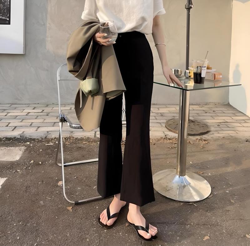 Quần Tây Ống Loe Lưng Cao Khóa Trước 1 Khuy Nữ Leda Quần Vải Ống Loe Nấm Lùn