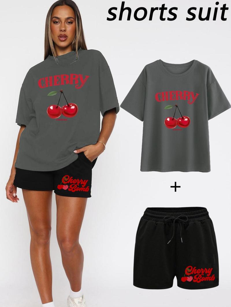 Product Introduction of Women's Cherry Print Short Sleeve T-shirt & Drawstring Waist Shorts Two-piece Set, Casual Fashion Cozy Tee & Shorts for Daily Outdoor Wear, Ladies Summer Clothes, Womenswear 3