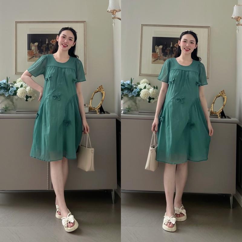 MUMMUM/Đầm bầu tơ nơ nhún tâng mềm mát nhàng nhàng xĩnh xắn dễ thương