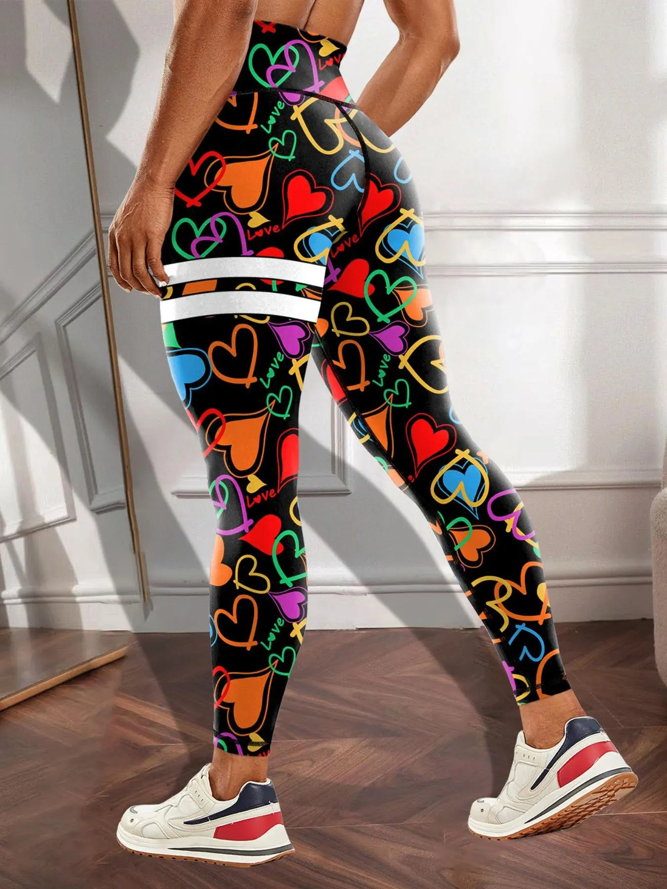Women's All Over Heart Print High Waist Leggings, Casual Comfy Breathable Skinny Pants for Yoga Gym Workout Running, Ladies Bottoms for All Seasons