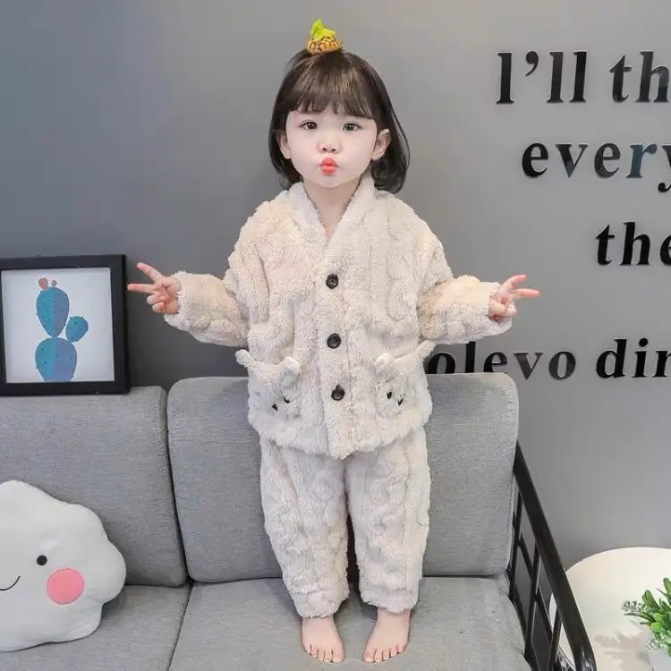 Đồ Ngủ Bé Gái, Chất Liệu Lông Cừu San Hô, Thích Hợp Cho Mùa Thu Và Mùa Đông, Đồ Mặc Nhà Cho Trẻ Em Và Bé Gái, Bộ Đồ vải nỉ Dày Quần