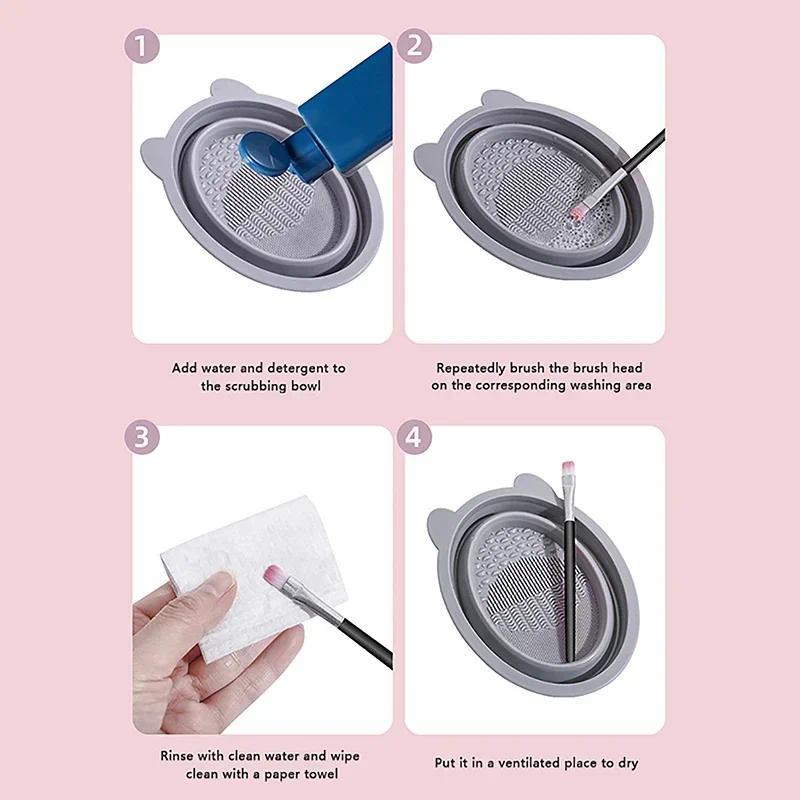 Product Introduction of New Silicone Makeup Brush Cleaner Foldable Beauty Sponge Powder Puff Cleaning Bowl Cosmetic Brush Washing Mat with Drying Rack 24