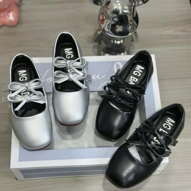  Giầy Búp Bê 2 Nơ Đế Mềm A515 Thời Trang Đủ 2 Màu Bạc Đen   DA LÌ   Siêu Xinh Cho Bé Gái 