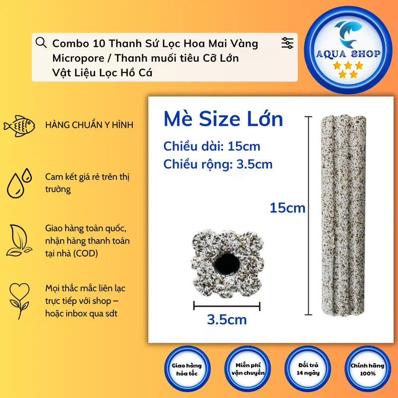 Combo 10 Thanh Sứ Lọc Hoa Mai Vàng Micropore / Thanh muối tiêu Cỡ Lớn - Vật Liệu Lọc Hồ Cá 2