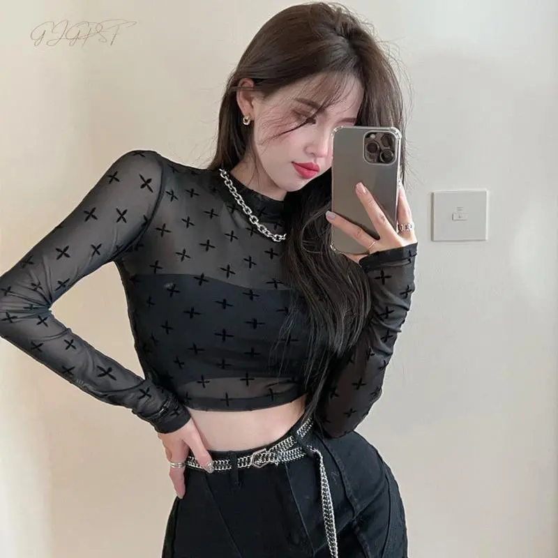 Women Crop Cover-Up Tops Cross Print Sheer Long Sleeve Shirt Casual Pullovers for Club Streetwear Aesthetic Clothes