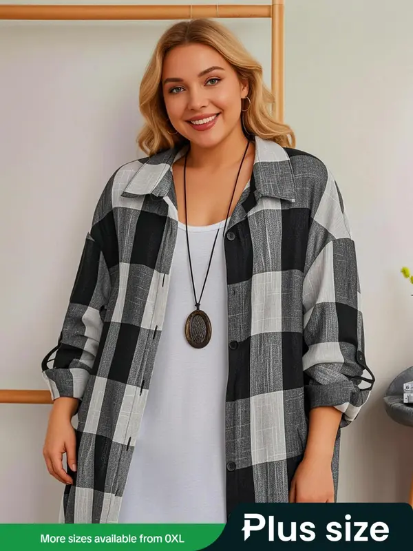 【Plus Size】 Women's Plaid Print Button Front High Low Hem Shirt, Casual Roll Up Sleeve Collared Top for Daily Wear, Ladies Clothes for All Seasons 0