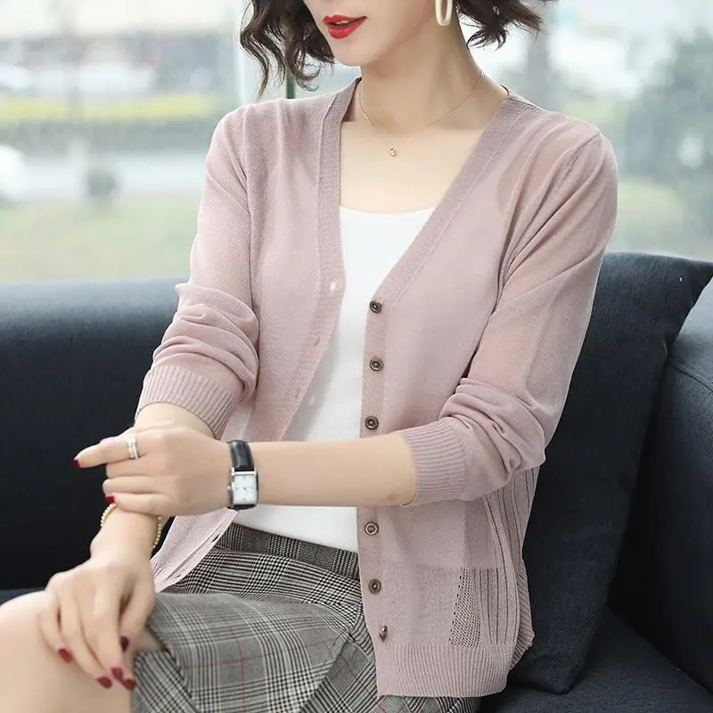 Áo Khoác Chống Nắng Dệt Kim, Dài Tay, Dành Cho Nữ, Áo Cardigan Ngắn, Áo Khoác Cổ Chữ V, Lụa Lạnh Mỏng, Áo Len, Áo Mặc Bên Ngoài, Thích Hợp Cho Mùa Xuân Và Mùa Hè 2019, Áo Cardigan Công Sở