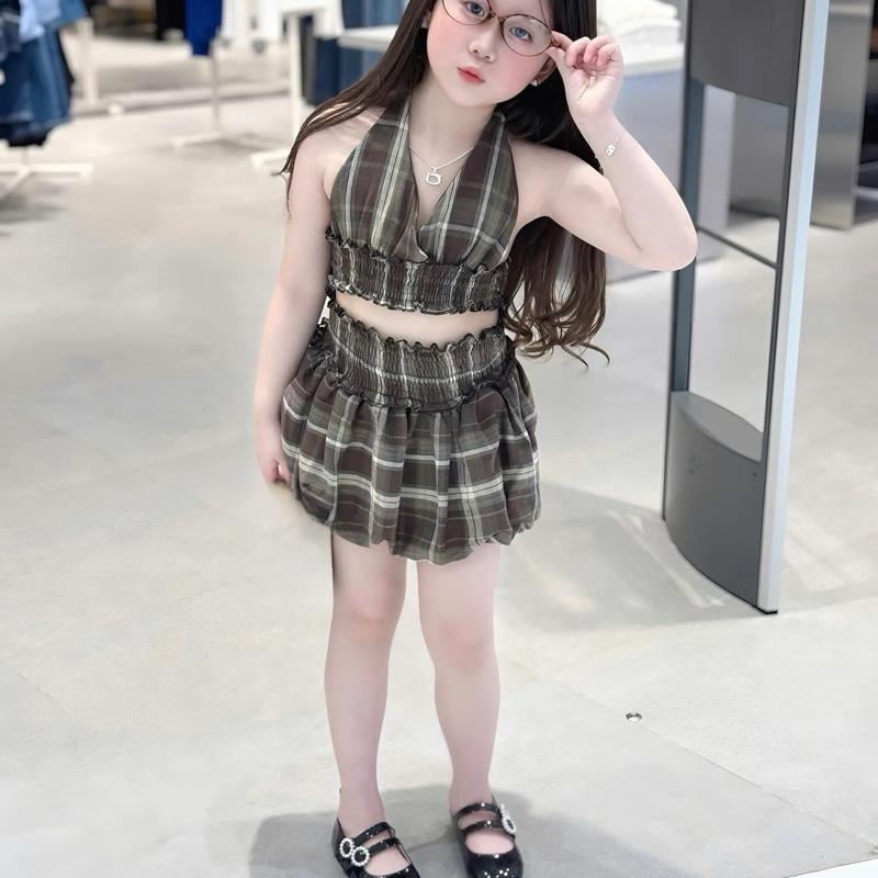 Ong Kis Áo bo cổ yếm dây buộc kèm váy quần bí ngô hoạ tiết kẻ thô cho bé gái 10-30kg